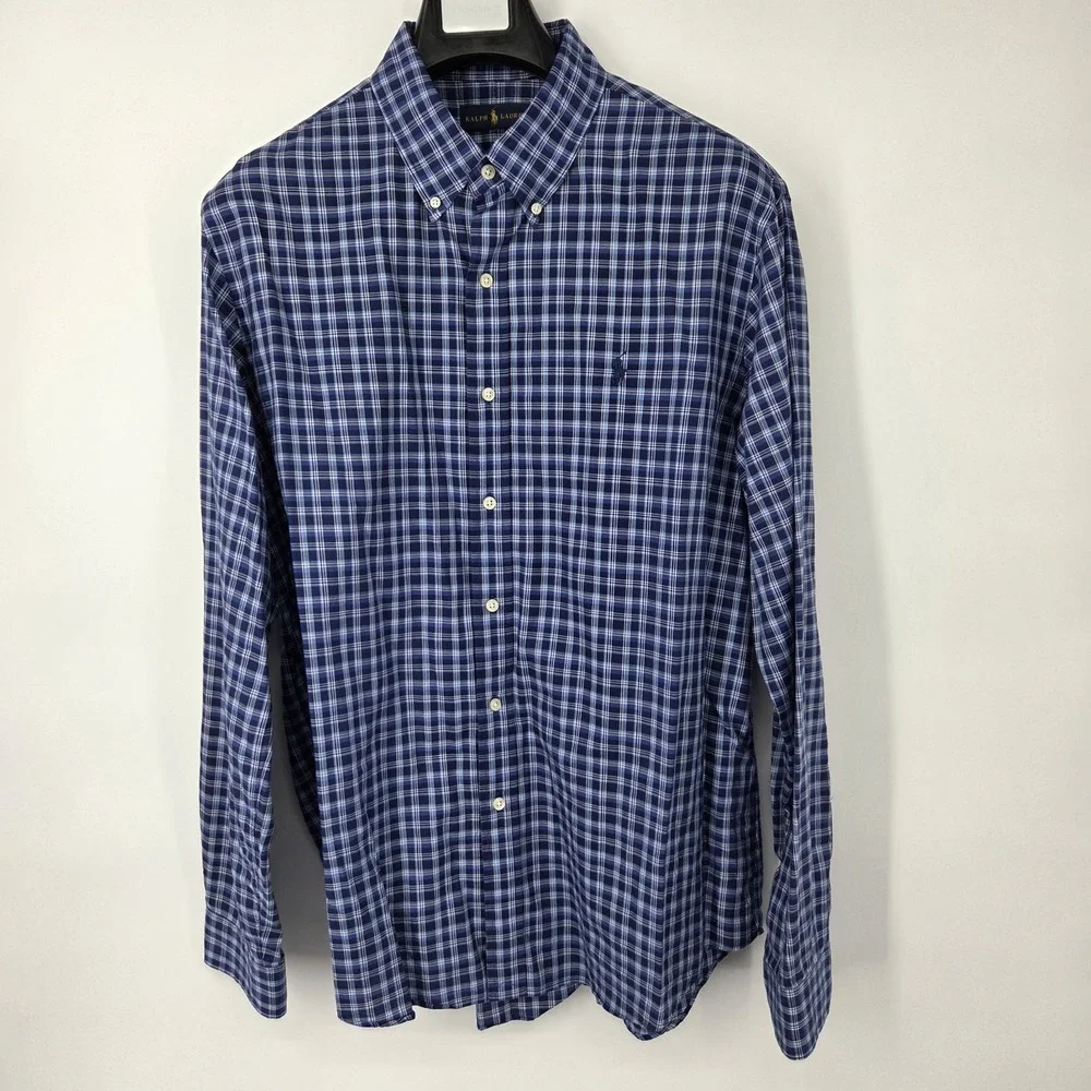 Polo Ralph Lauren Long Sleeve Button Down Shirt Mens Size XL Blue Plaid‎ EUC
